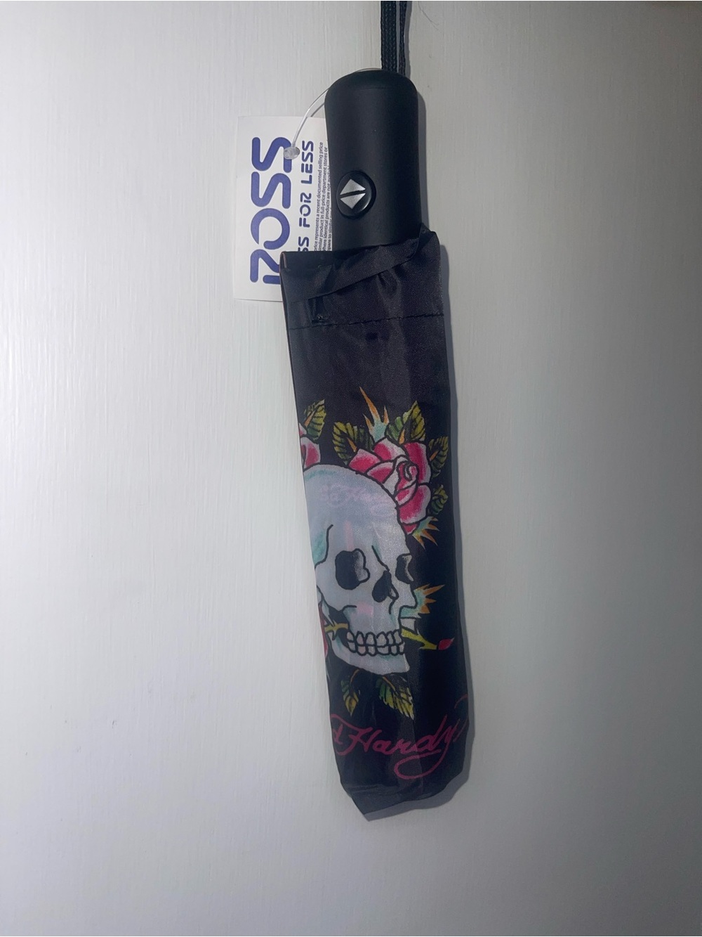 NWT Ed Hardy Kids Black Umbrella with White Skull and Pink Rose Graphic